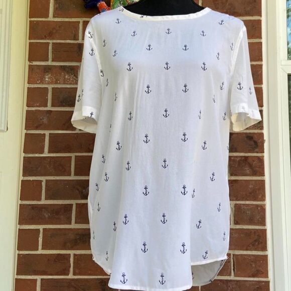 100% Silk The Women's Anchor Print Short Sleeve Blouse Size S/P - Picture 1 of 8